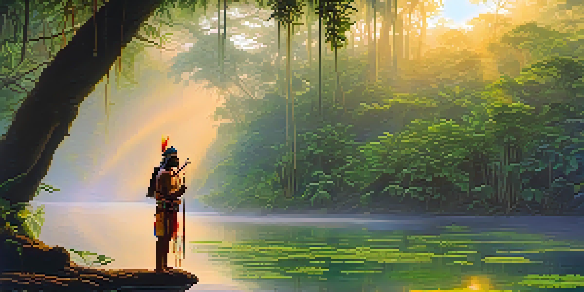 A tranquil Amazon rainforest at dawn with mist, a river reflecting sunrise colors, and a shaman in traditional attire preparing for a ceremony.