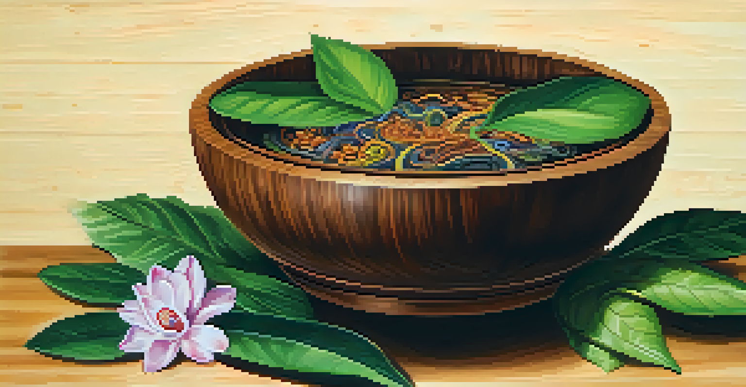 A handcrafted wooden bowl filled with dark brown Ayahuasca brew, surrounded by Amazonian leaves and flowers, illuminated by warm lighting.