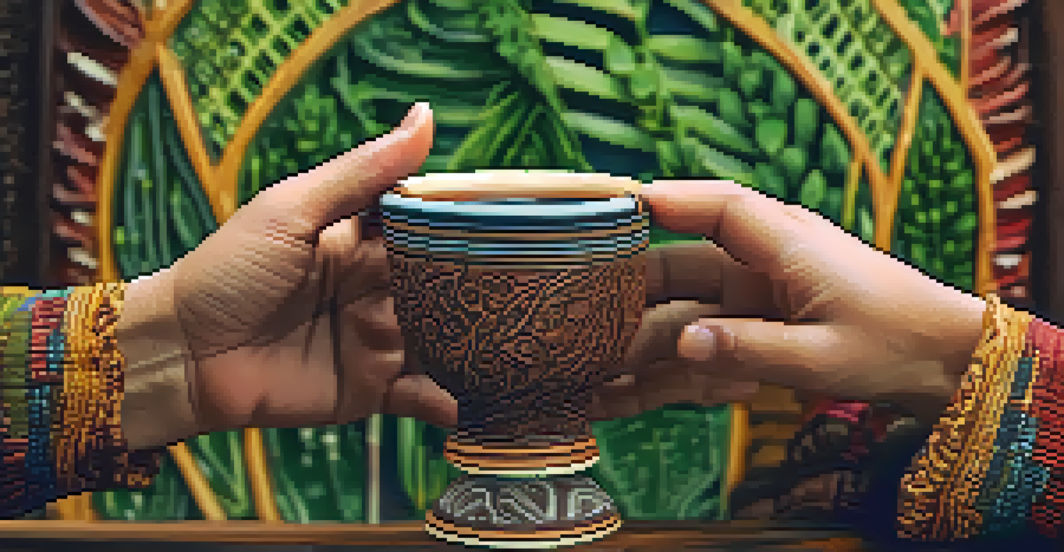 A close-up of hands holding a carved wooden cup filled with Ayahuasca brew, set against a blurred natural background of green leaves and flowers.