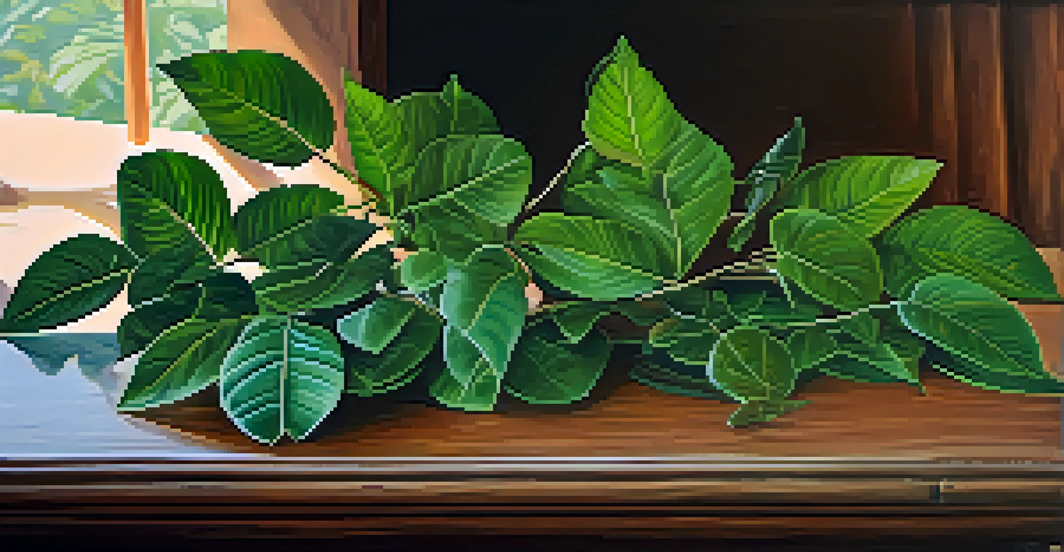 Close-up of Ayahuasca ingredients on a wooden table, with blurred traditional artifacts in the background.