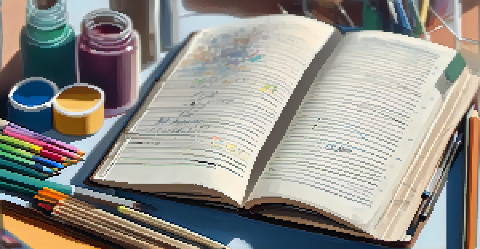 An open journal with handwritten notes and sketches, surrounded by art supplies, representing creativity and self-reflection.