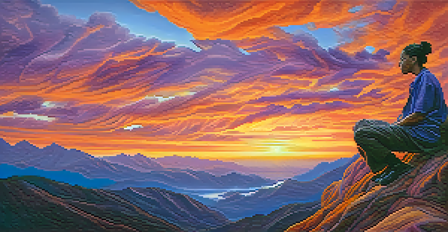 A person meditating on a mountaintop during sunset, surrounded by swirling clouds symbolizing fears.