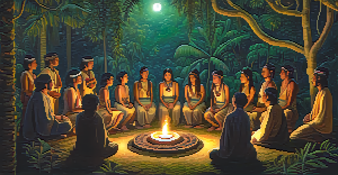 A peaceful night-time Ayahuasca ceremony in a jungle, with participants seated in a circle and a shaman singing.