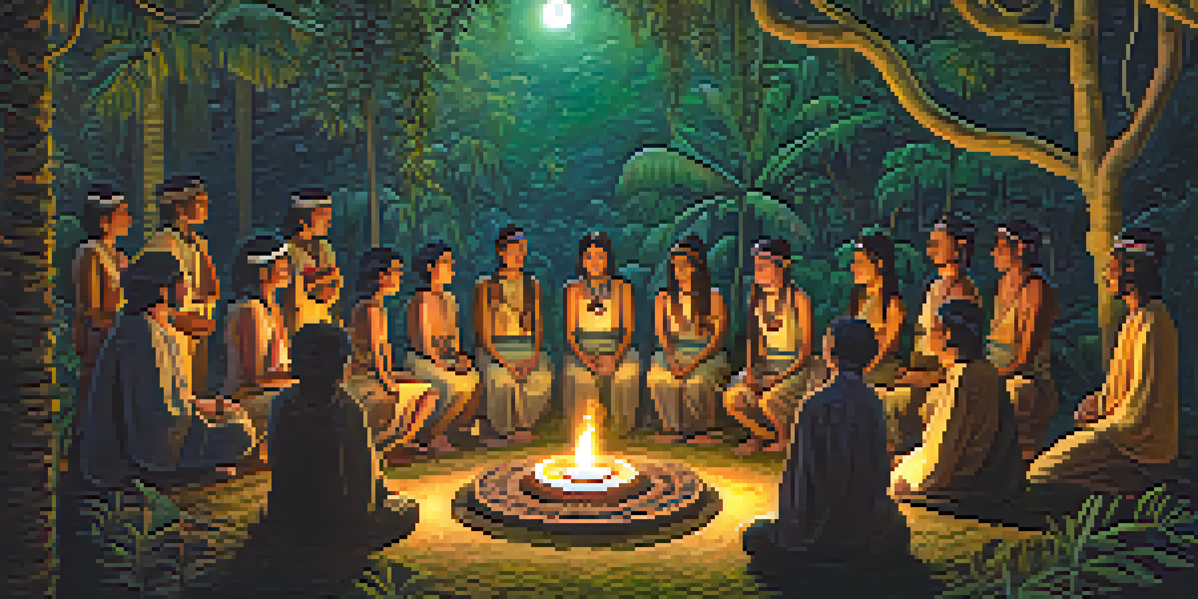 A peaceful night-time Ayahuasca ceremony in a jungle, with participants seated in a circle and a shaman singing.