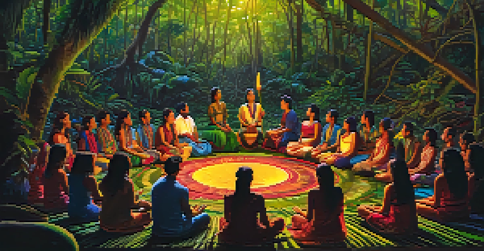 An Amazon rainforest scene featuring a shaman in traditional clothing singing, with participants on woven mats, surrounded by vibrant greenery and soft light.