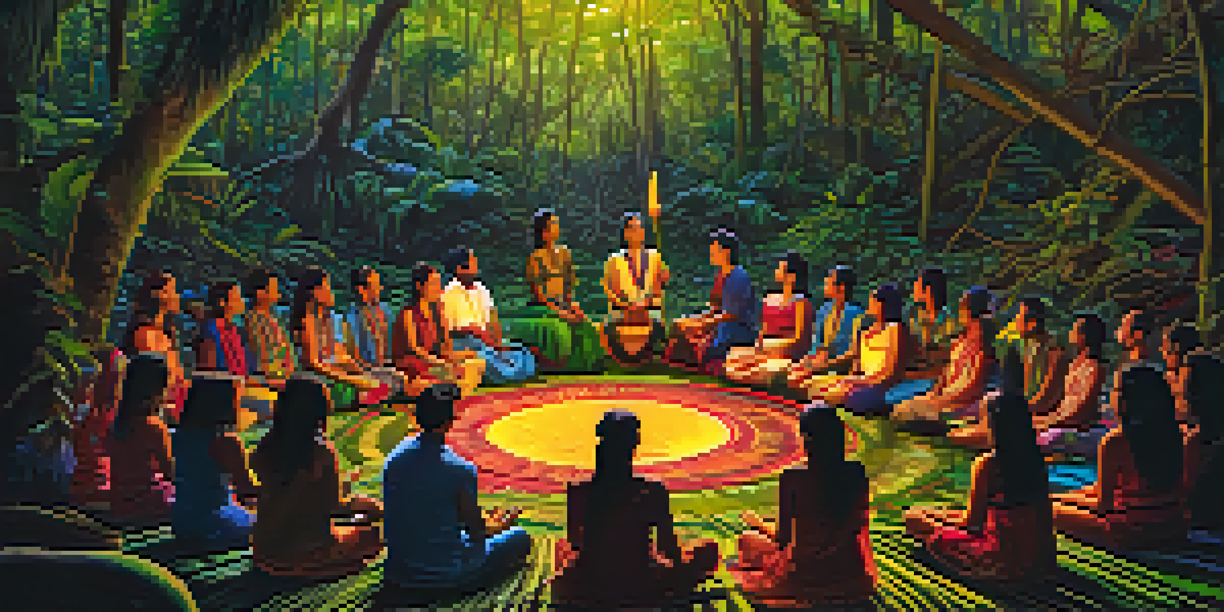 An Amazon rainforest scene featuring a shaman in traditional clothing singing, with participants on woven mats, surrounded by vibrant greenery and soft light.