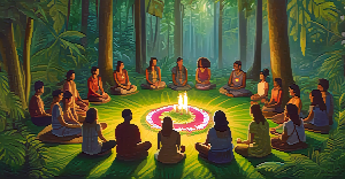 A group of people sitting in a circle in a forest, participating in a serene ayahuasca ceremony surrounded by natural decorations and soft light.