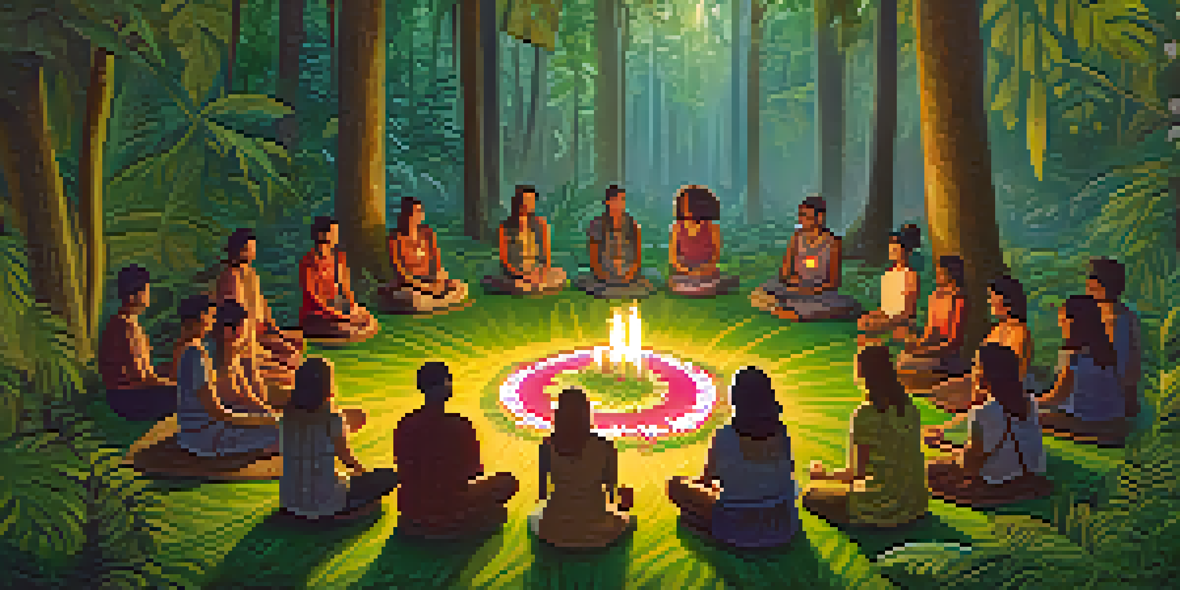 A group of people sitting in a circle in a forest, participating in a serene ayahuasca ceremony surrounded by natural decorations and soft light.