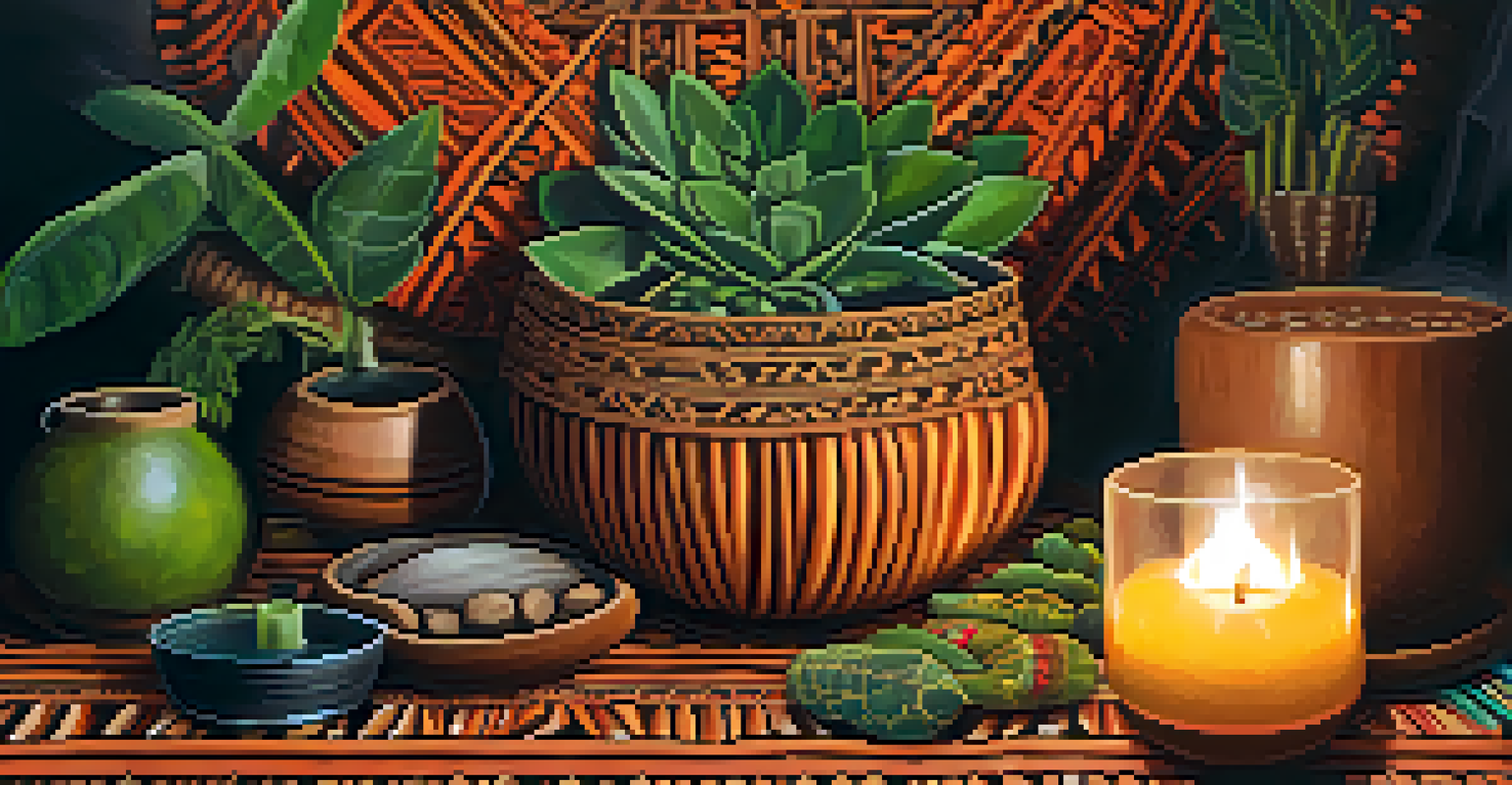 A close-up of an Ayahuasca ceremony setup with plants and a ceremonial gourd surrounded by warm candlelight.