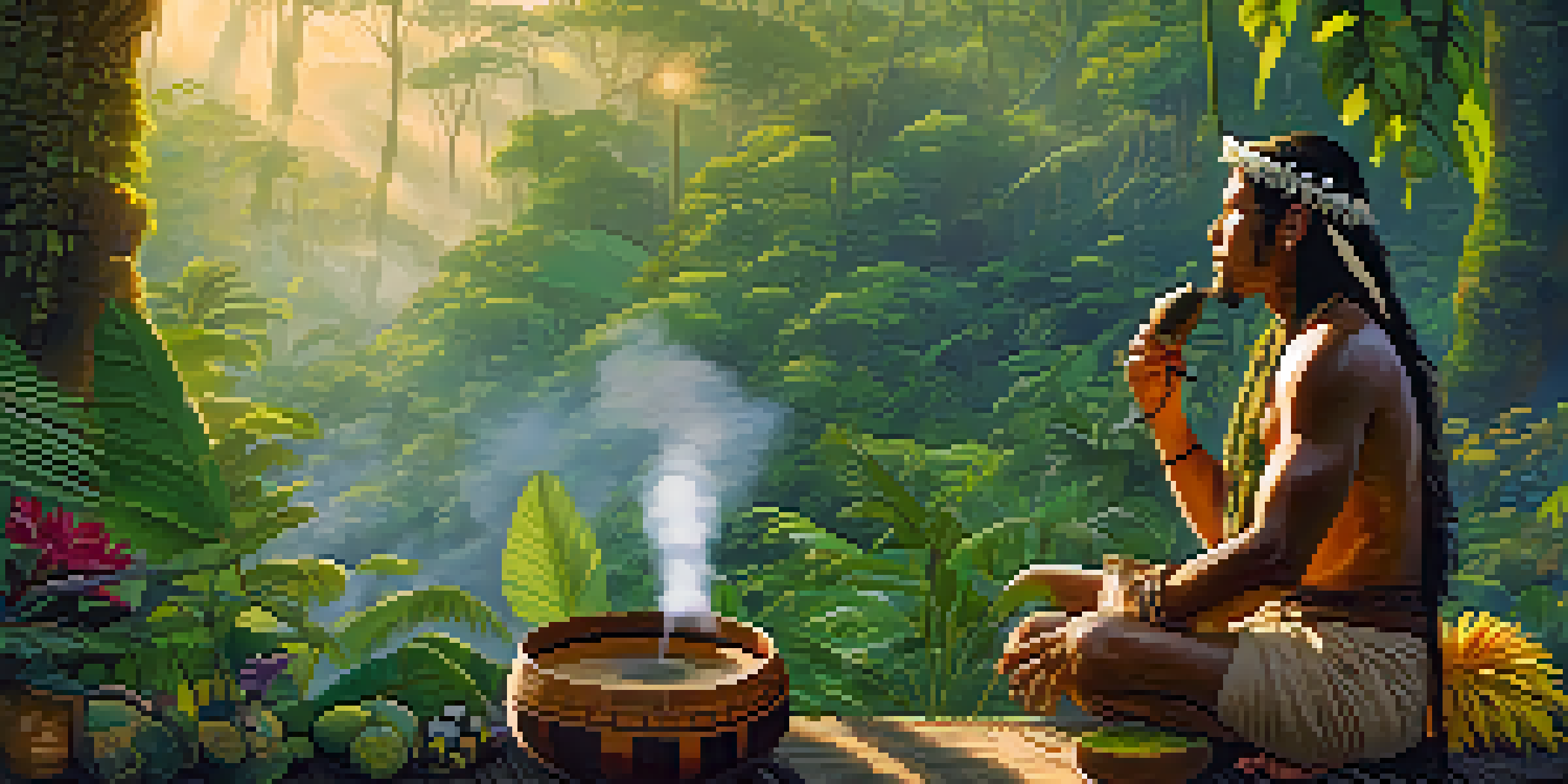 A tranquil scene of the Amazon rainforest at dawn with a shaman preparing ayahuasca brew in a wooden bowl, surrounded by tropical flora.