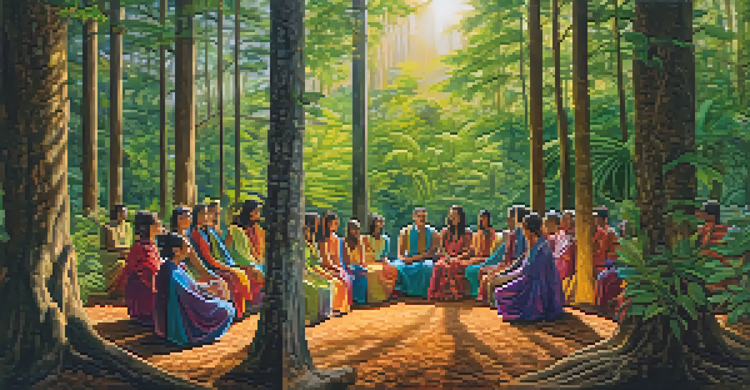 A split-view image showing an outdoor Ayahuasca ceremony in a forest and an indoor ceremony in a cozy room.