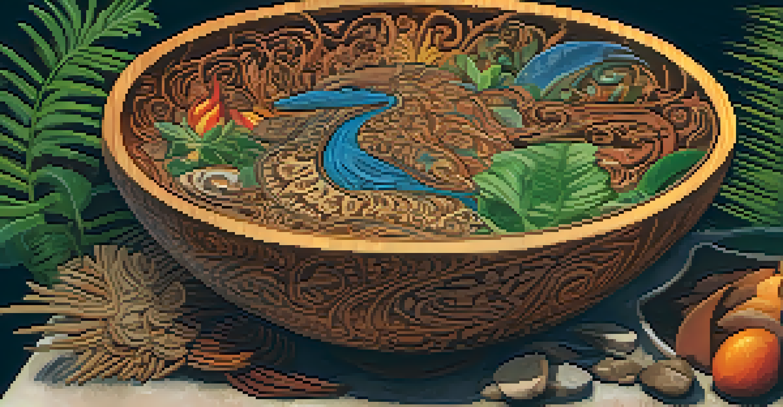 A close-up of a handcrafted bowl containing Ayahuasca brew, with steam rising and animal figures carved from wood around it.