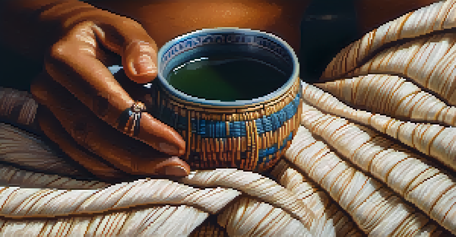 A close-up of a hand holding a ceramic cup with Ayahuasca brew, set against a blurred background of candlelight and woven textiles.