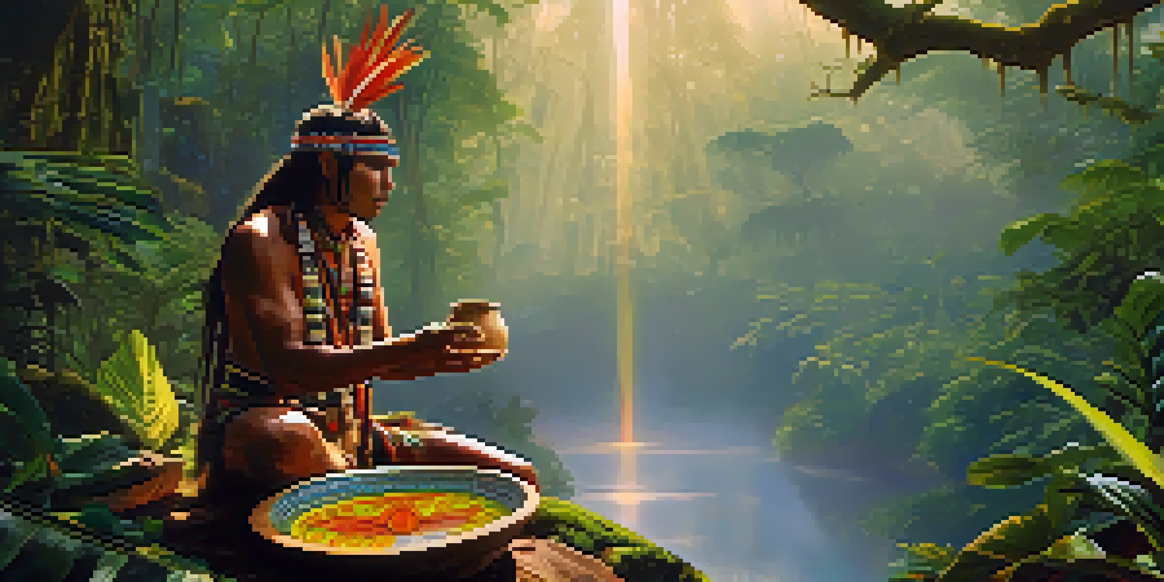 A peaceful Amazon rainforest at dawn with an indigenous healer preparing ayahuasca in a ceremonial bowl surrounded by lush greenery and tropical flowers.