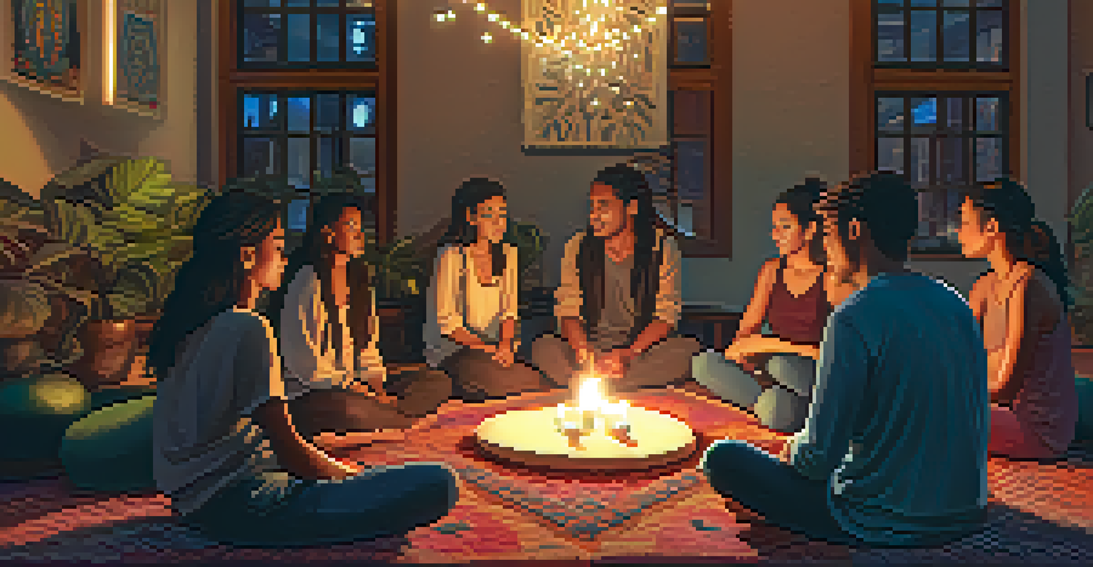 Participants in a cozy, candlelit integration circle sharing their ayahuasca experiences, surrounded by cushions and personal items.