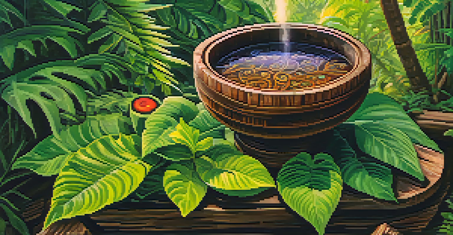 Close-up of Ayahuasca brew in a wooden bowl, surrounded by Amazonian plants with sunlight filtering through the leaves.
