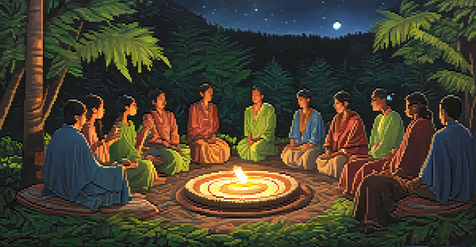 A peaceful Ayahuasca ceremony in a forest with participants sitting in a circle, illuminated by candlelight, and a facilitator playing a flute.
