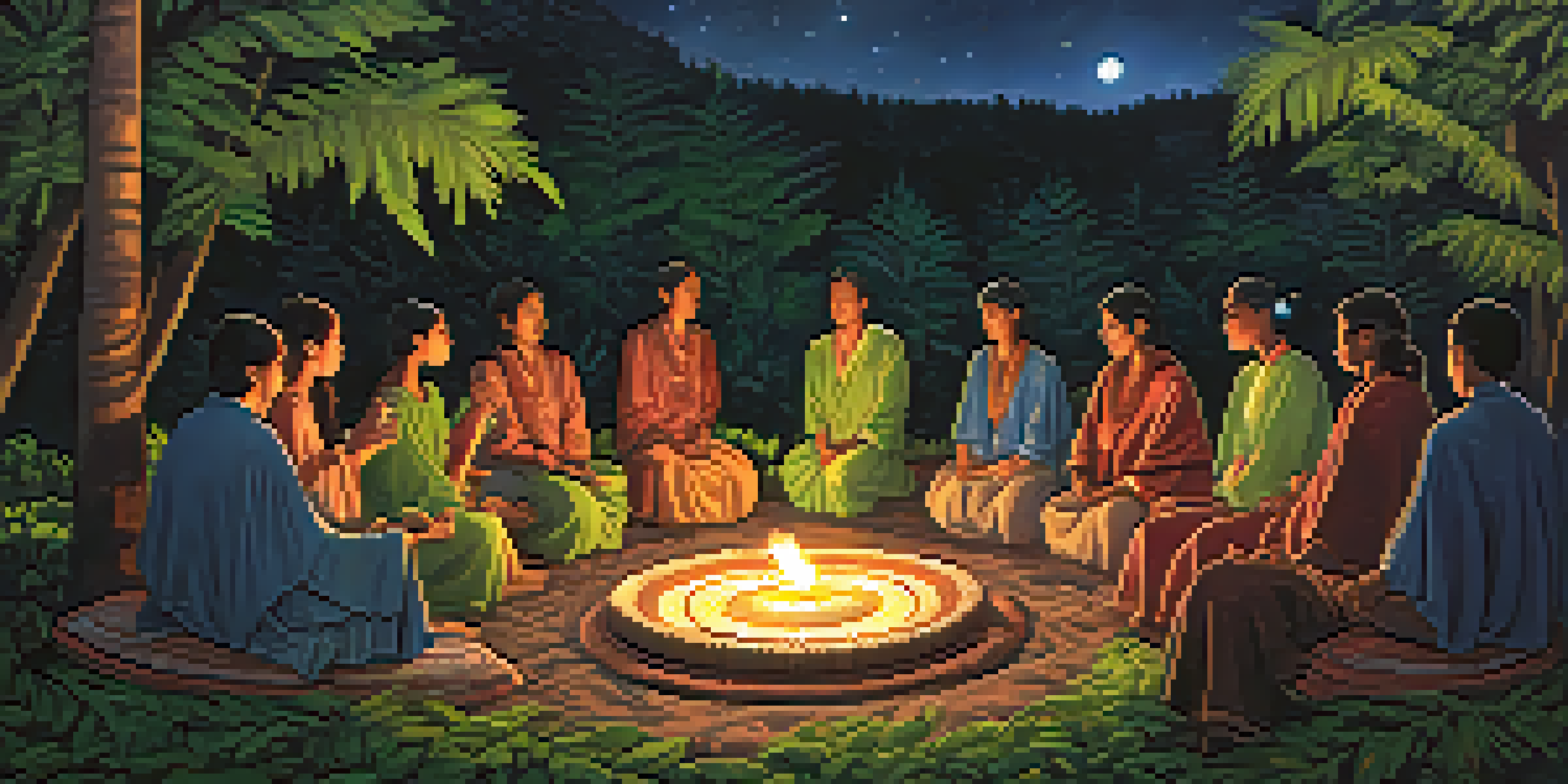 A peaceful Ayahuasca ceremony in a forest with participants sitting in a circle, illuminated by candlelight, and a facilitator playing a flute.