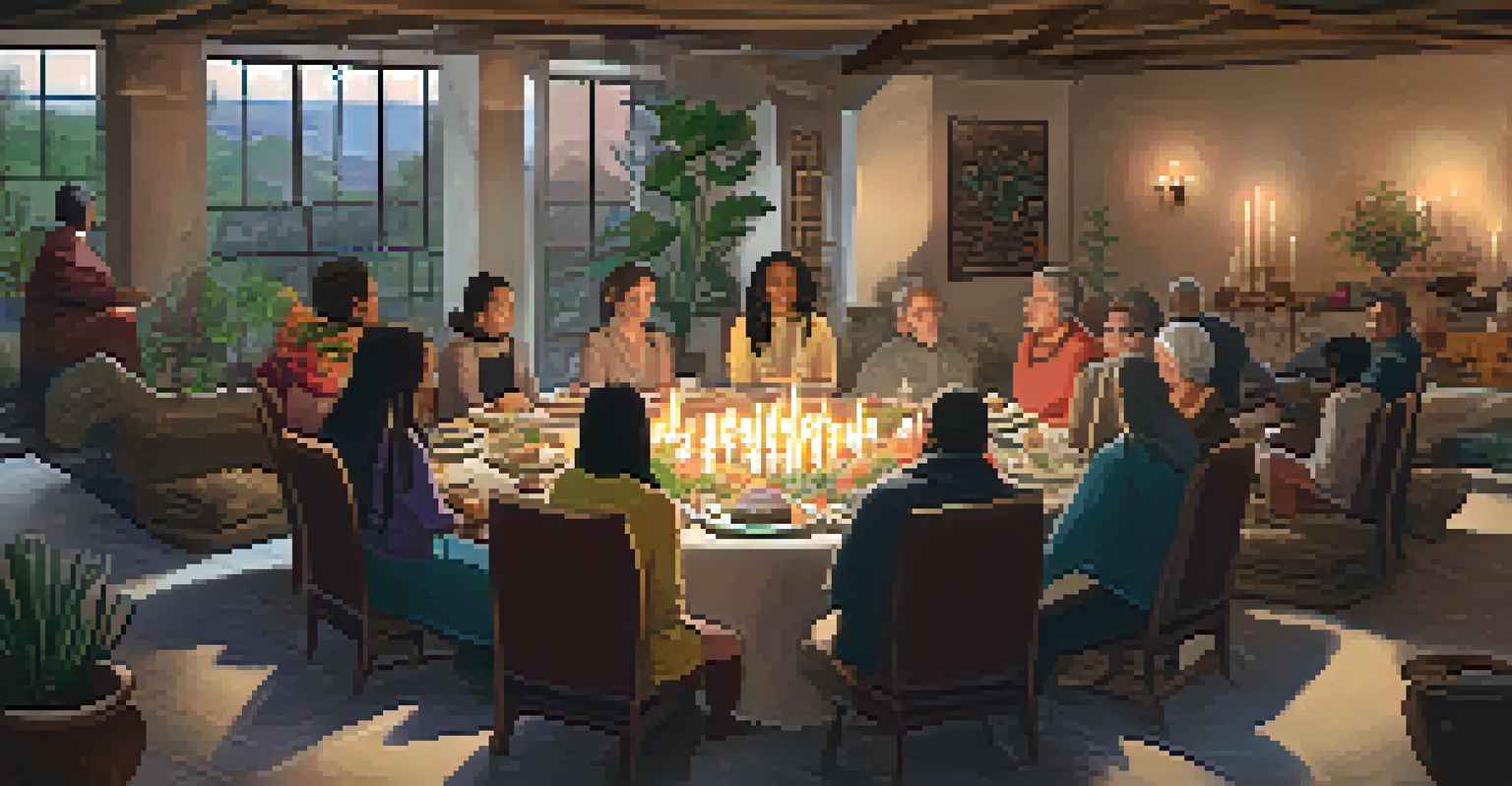 A cozy room with warm lighting, featuring a round table surrounded by participants engaged in deep conversation, sharing stories and listening attentively.