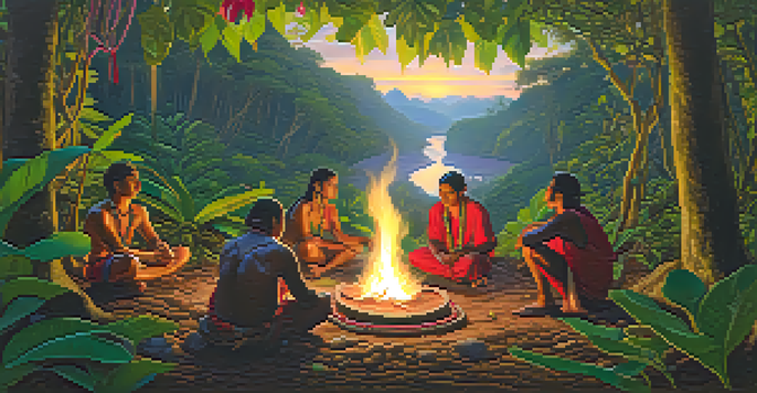 A peaceful Amazonian forest at dawn with vibrant greenery, tropical flowers, and a group of people in traditional dress participating in a ceremony around a fire.