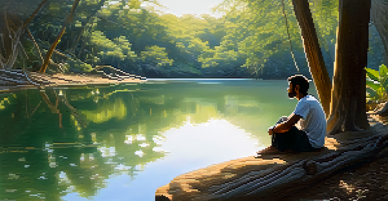 A person sitting by a river in nature, reflecting peacefully after an Ayahuasca ceremony under soft sunlight.