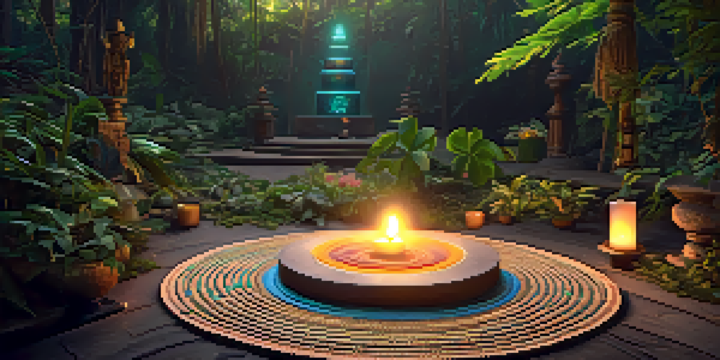 A tranquil jungle scene depicting an ayahuasca ceremony setup with colorful mats, lush greenery, and a softly lit altar.