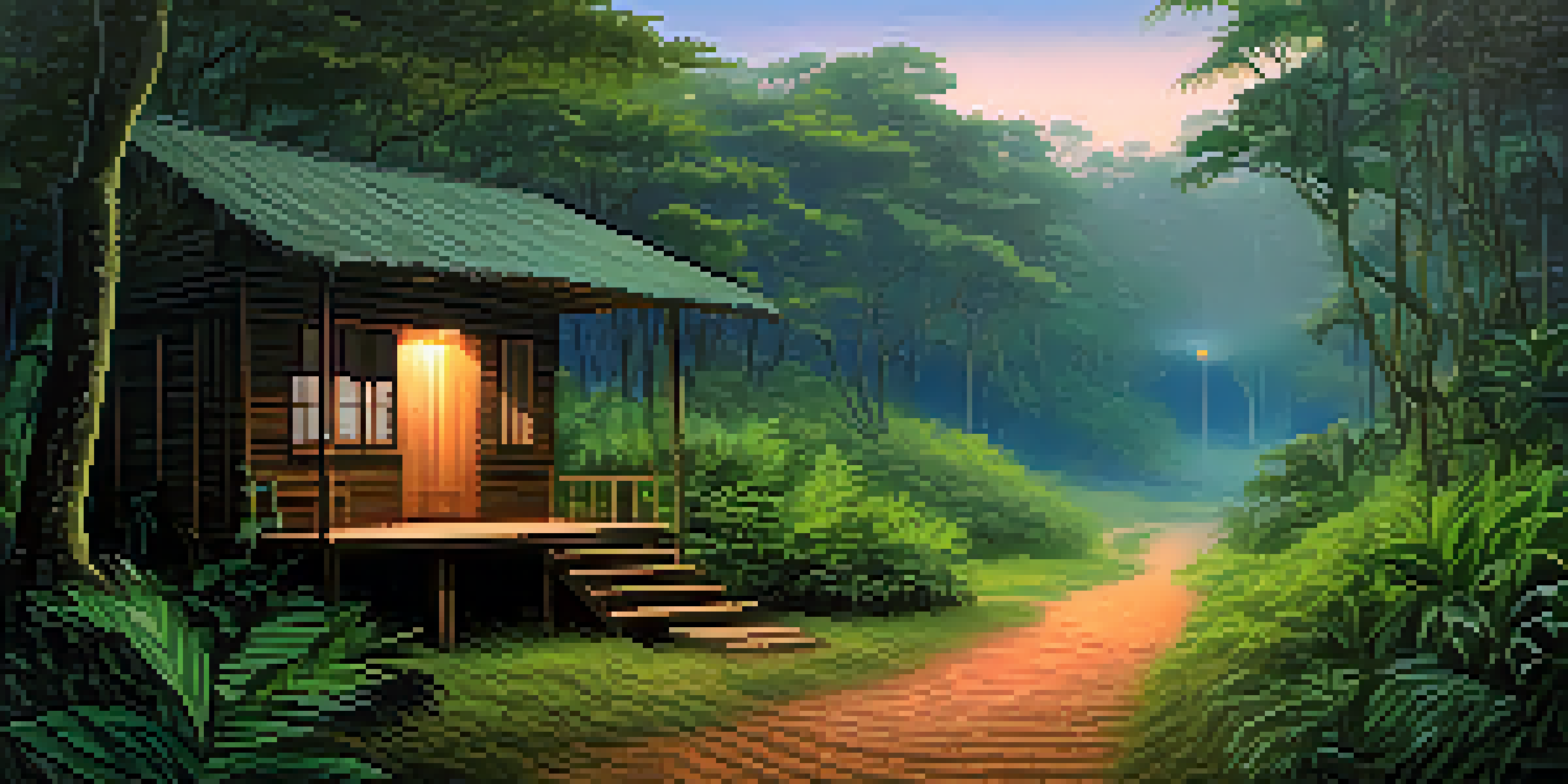 A peaceful Amazon rainforest at dusk with a wooden hut, warm light, and a winding path.