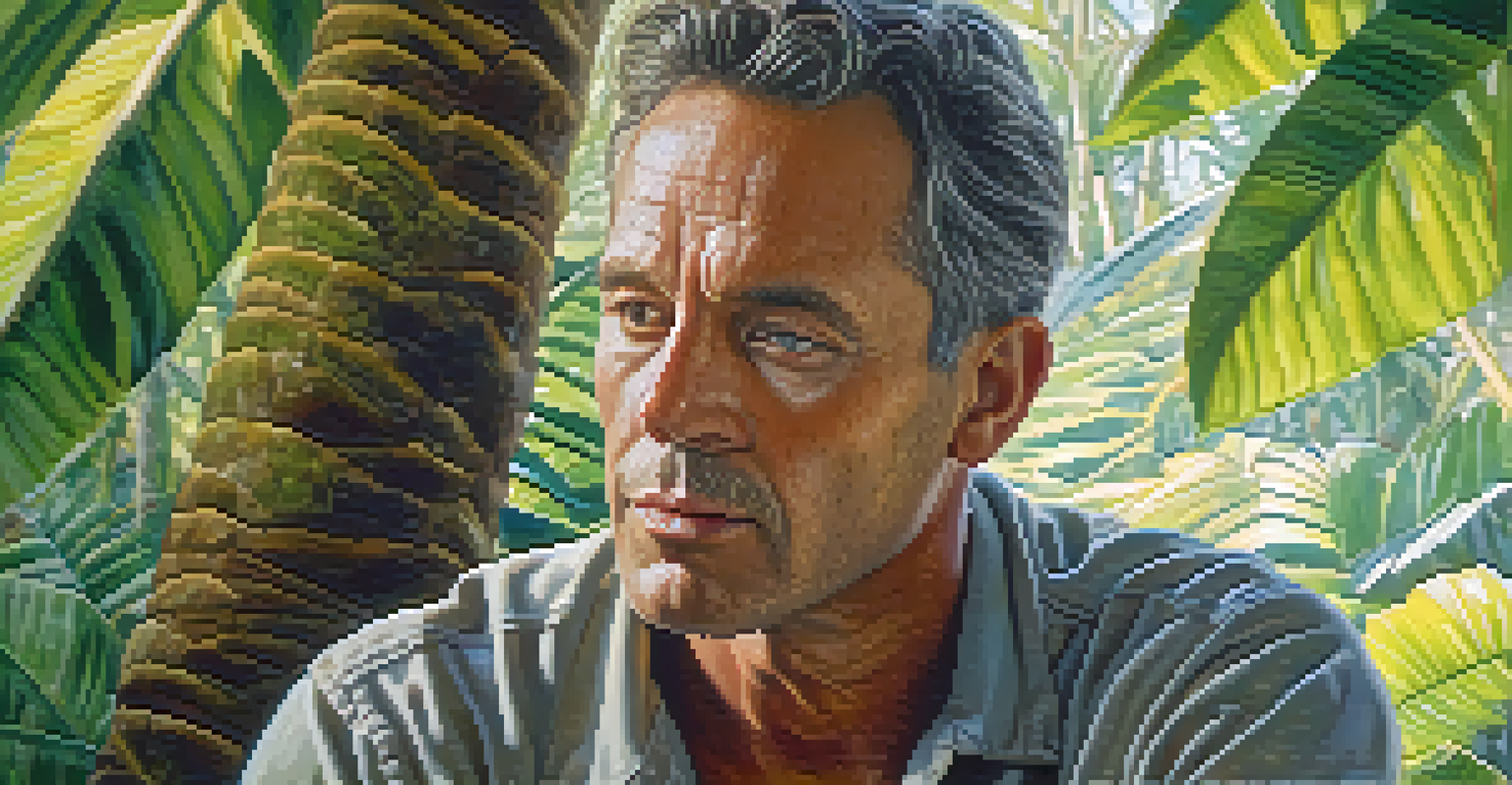 A thoughtful middle-aged man in a tropical setting, reflecting on his personal journey.