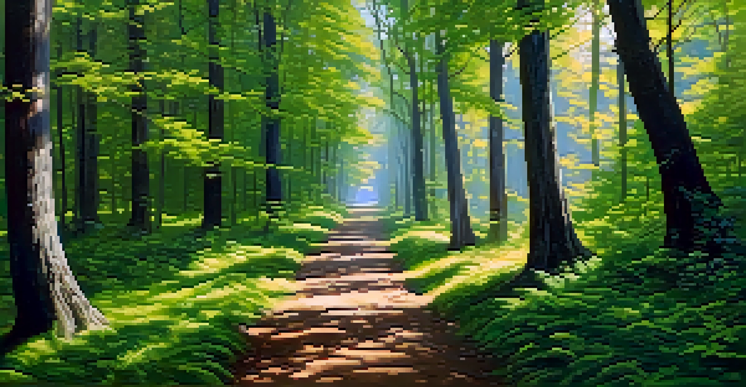 A winding forest pathway lined with tall trees and sunlight filtering through the leaves.