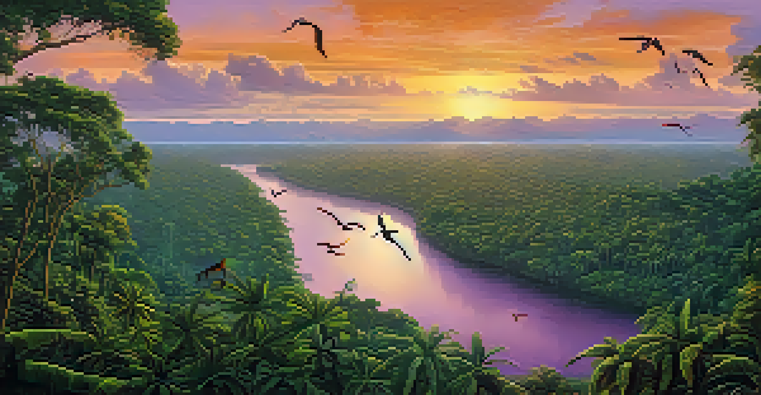 A breathtaking sunset view of the Amazon rainforest, showcasing vibrant colors and rich greenery, embodying the beauty of nature.
