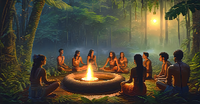 A tranquil scene of a diverse group participating in an Ayahuasca ceremony in the Amazon rainforest at twilight, surrounded by lush greenery and soft mist.