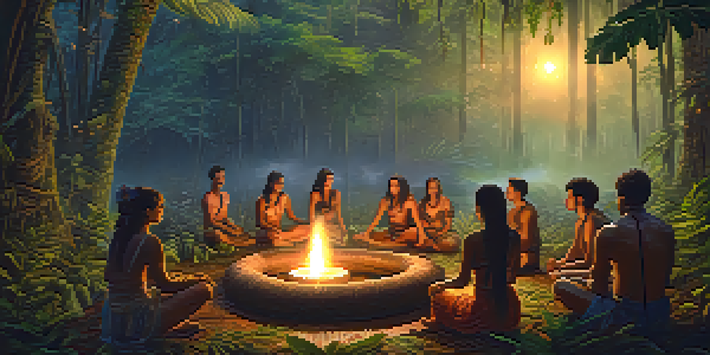 A tranquil scene of a diverse group participating in an Ayahuasca ceremony in the Amazon rainforest at twilight, surrounded by lush greenery and soft mist.