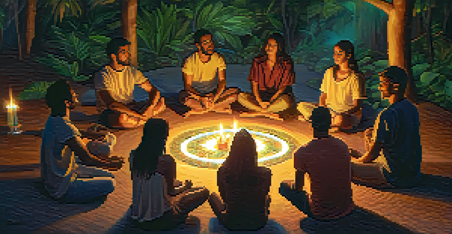 A warm gathering of participants in a sharing circle during an Ayahuasca retreat, surrounded by soft lighting and candles.