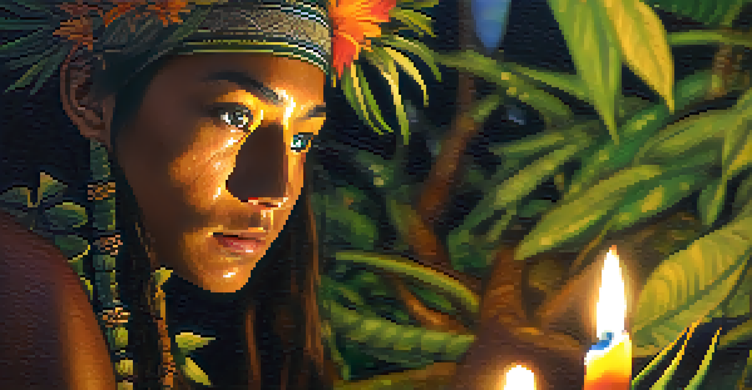 Close-up of a participant in an Ayahuasca ceremony, showing deep introspection and emotions under candlelight.