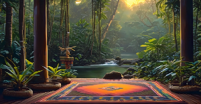 A tranquil Amazon rainforest at twilight, featuring lush green trees, a ceremonial mat, and soft golden light filtering through the foliage.