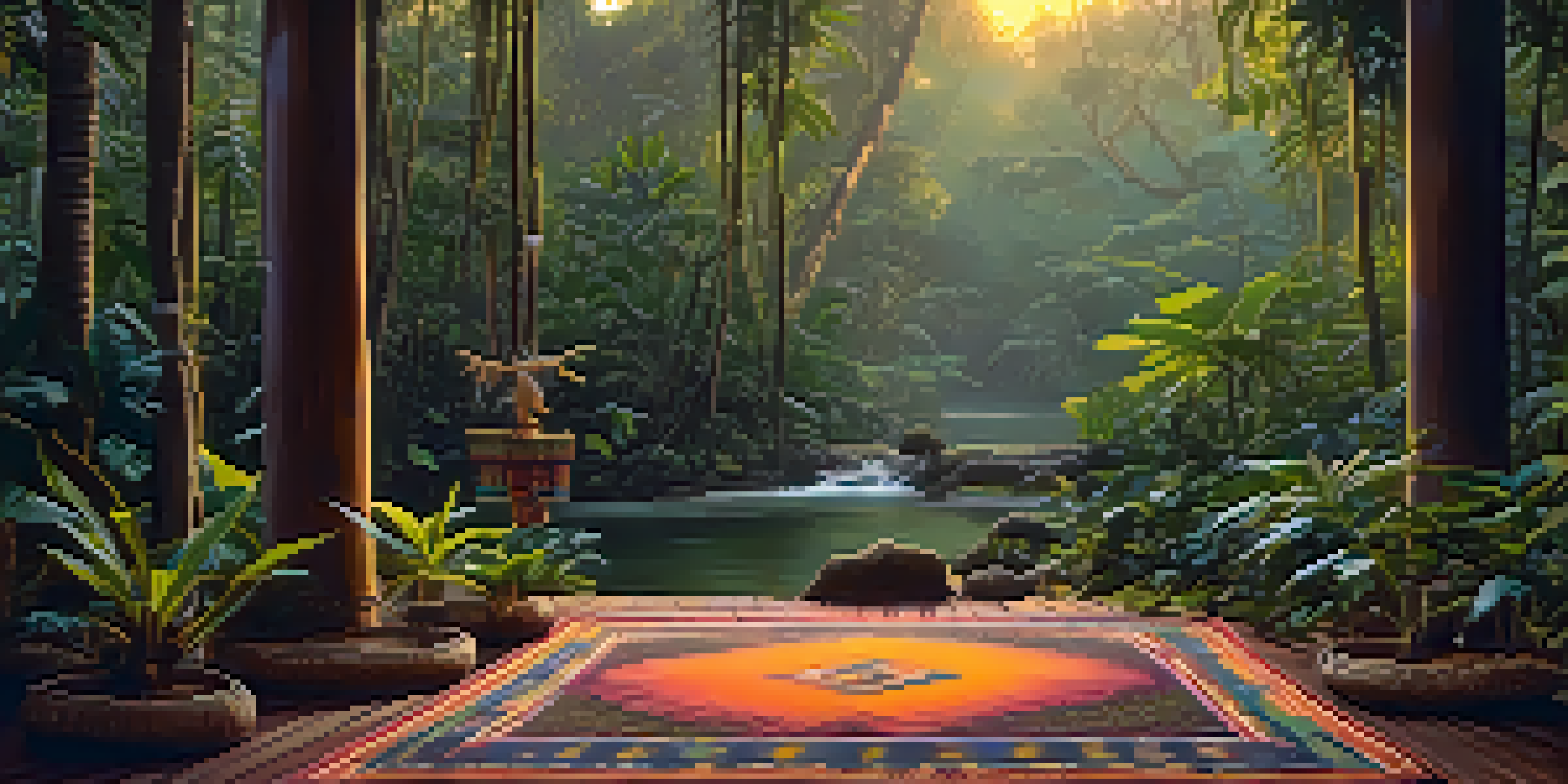 A tranquil Amazon rainforest at twilight, featuring lush green trees, a ceremonial mat, and soft golden light filtering through the foliage.