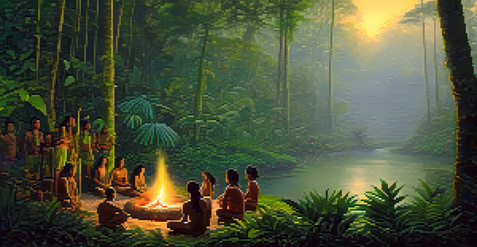 An Amazon rainforest at dawn with a traditional Ayahuasca ceremony, featuring a shaman and participants around a fire.