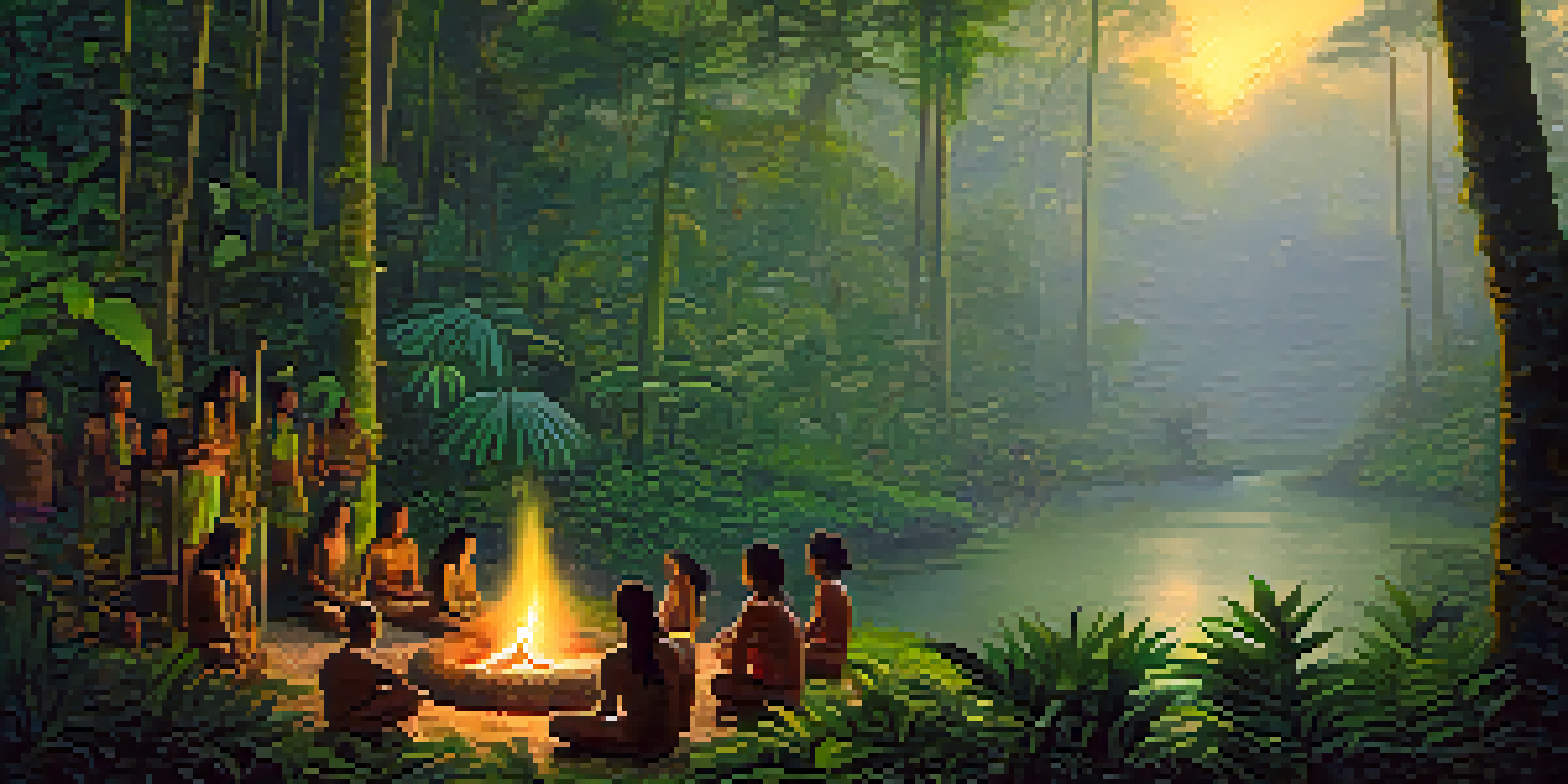 An Amazon rainforest at dawn with a traditional Ayahuasca ceremony, featuring a shaman and participants around a fire.