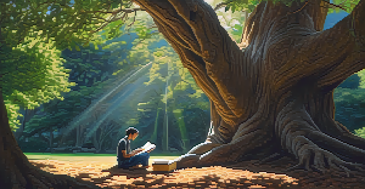 A person journaling under a large tree in a peaceful outdoor environment, absorbed in reflection about their Ayahuasca experience with sunlight filtering through the leaves.