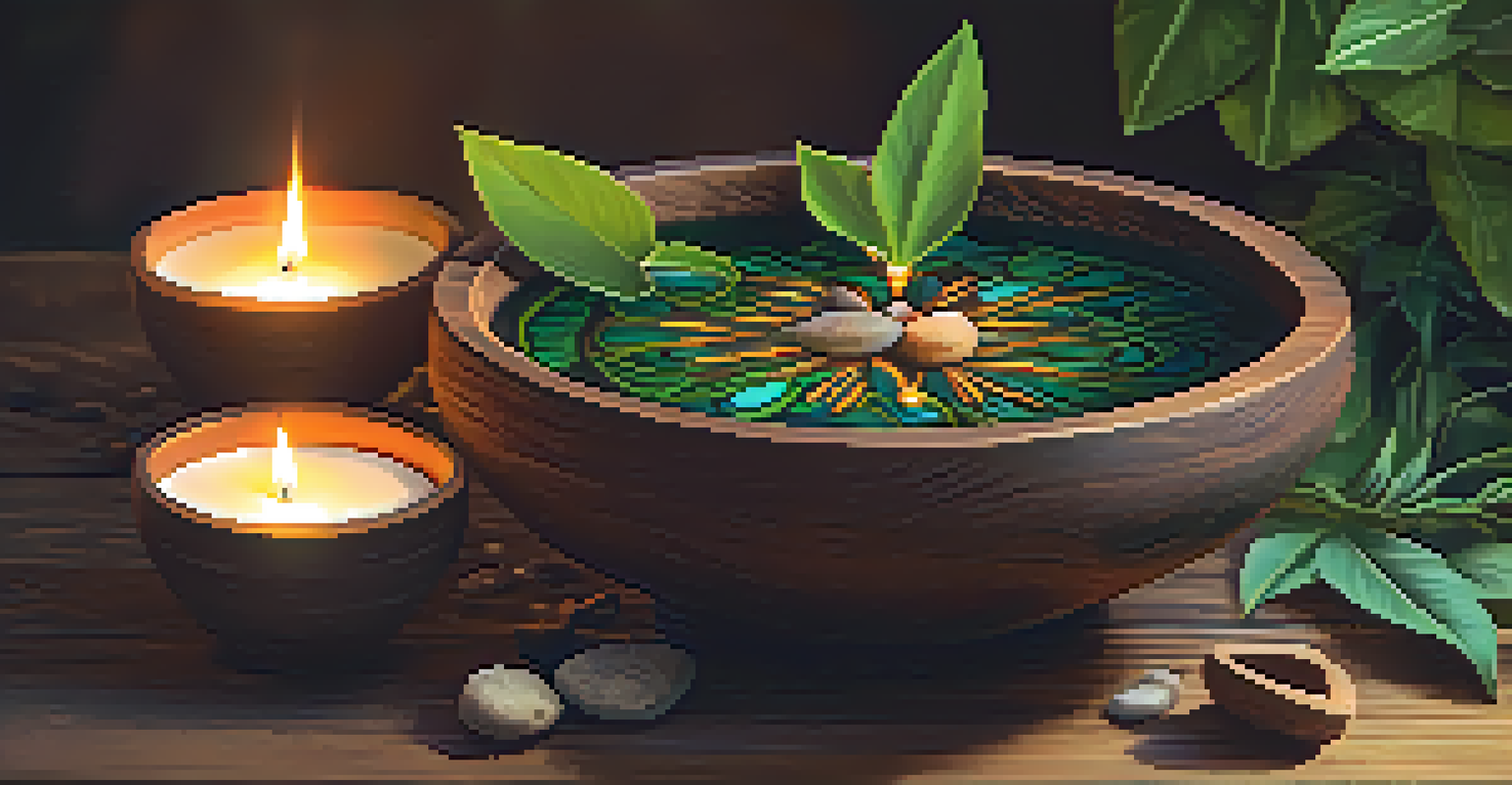 A rustic bowl of Ayahuasca brew on a wooden table with natural elements and candlelight, creating an inviting atmosphere.