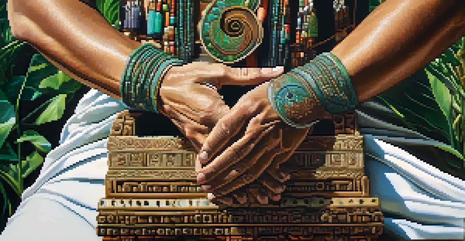 A close-up image of a shaman's hands holding a handcrafted musical instrument with intricate carvings, surrounded by nature.