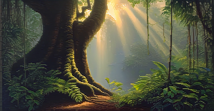 A peaceful rainforest at dawn with mist, green plants, and a vine wrapped around a tree, illuminated by soft golden light.