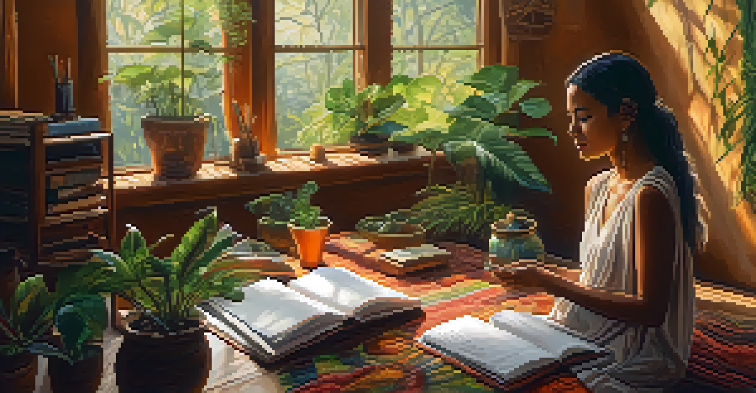 A participant journaling their insights in a warm, sunny room after an ayahuasca ceremony, surrounded by plants and art supplies.