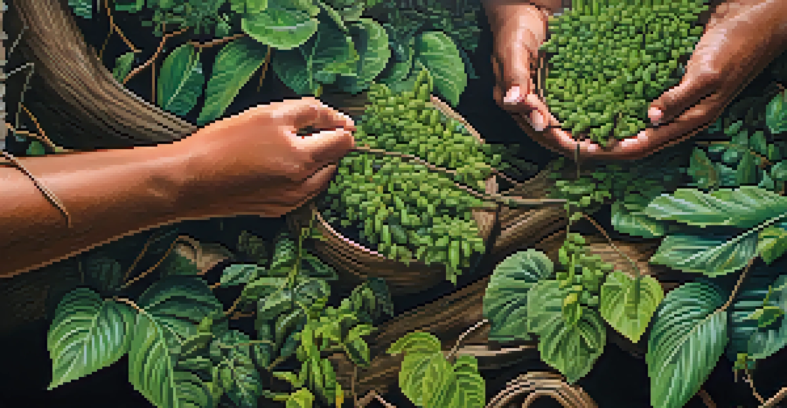 A detailed view of a person harvesting the Banisteriopsis caapi vine, highlighting the textures of the plant and the gentle handling, representing sustainability.