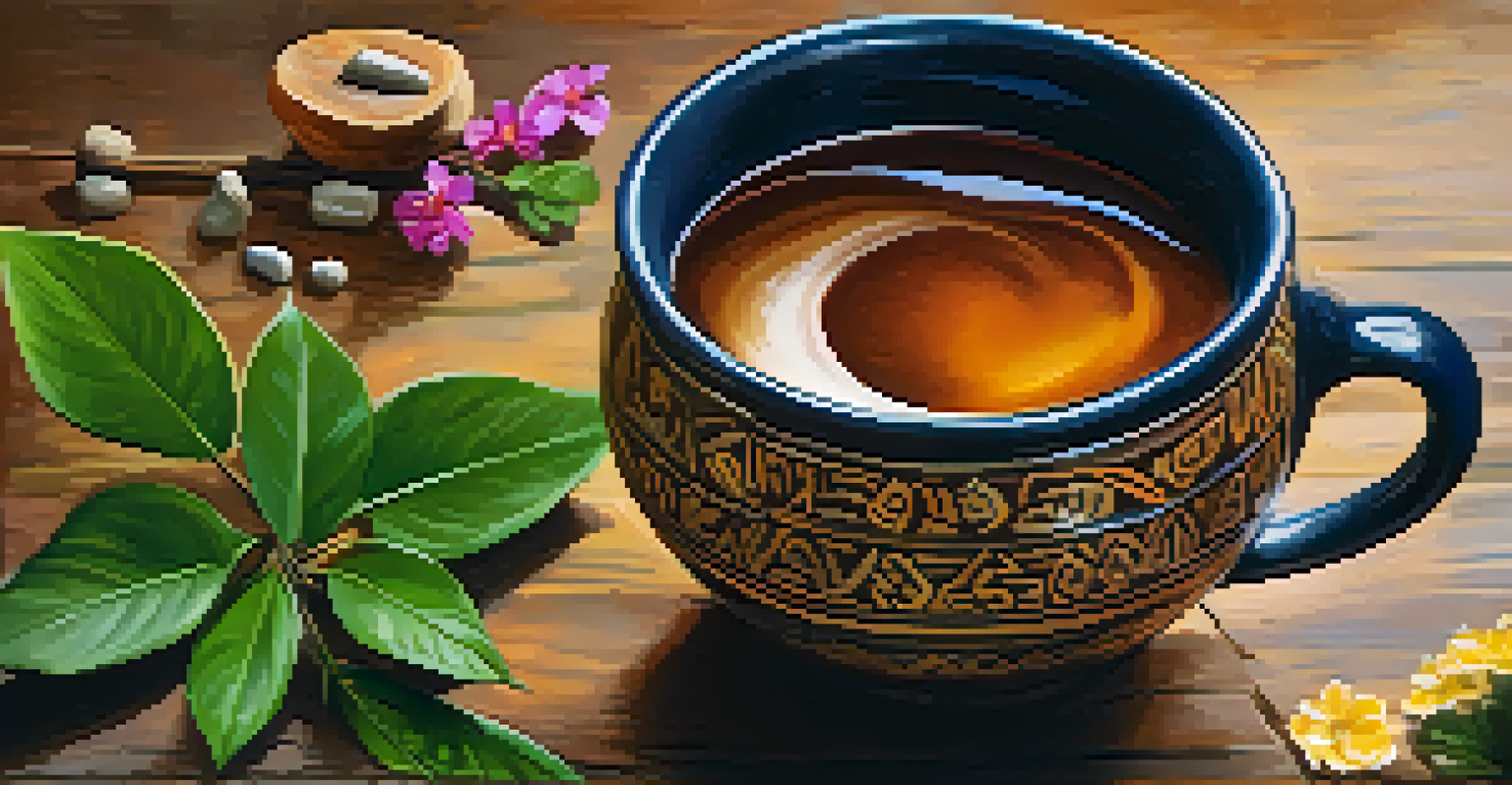 A close-up of Ayahuasca brew being poured into a cup, with fresh Amazonian leaves and flowers on a wooden table.