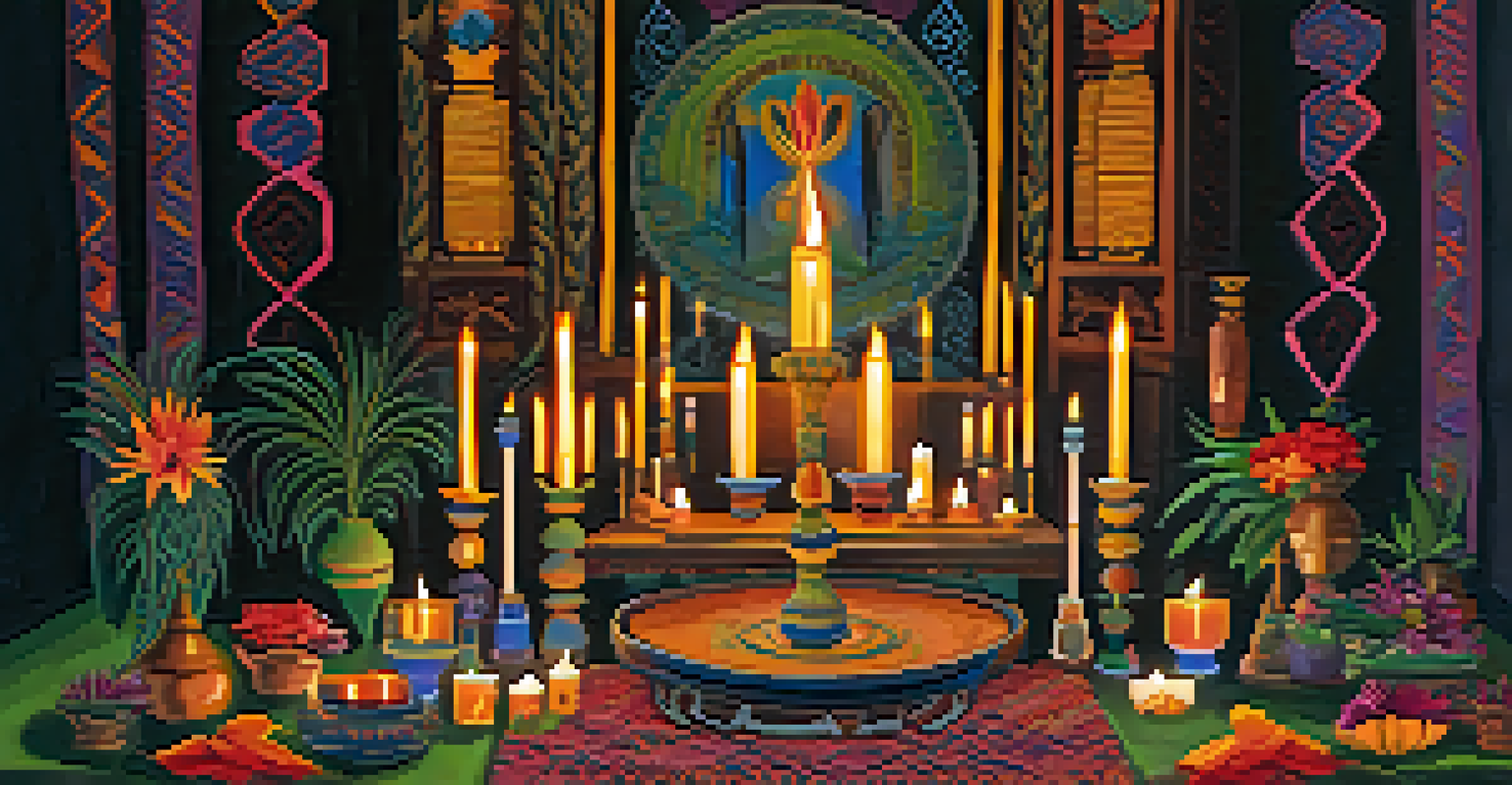 An altar for an Ayahuasca ceremony, decorated with candles, sage, and flowers, set in a softly lit background.