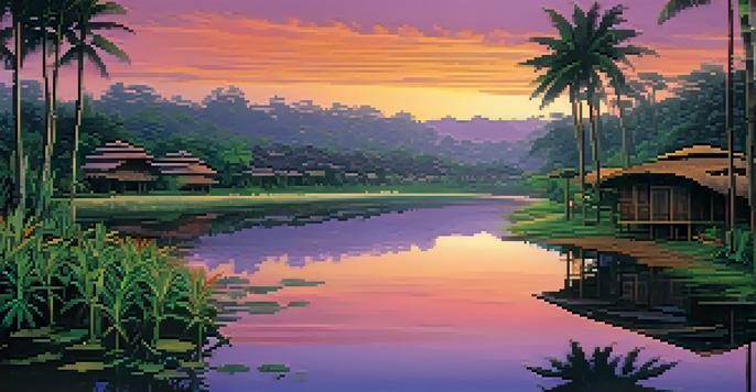 A peaceful Amazonian landscape at sunset with a river, lush greenery, and traditional indigenous huts.
