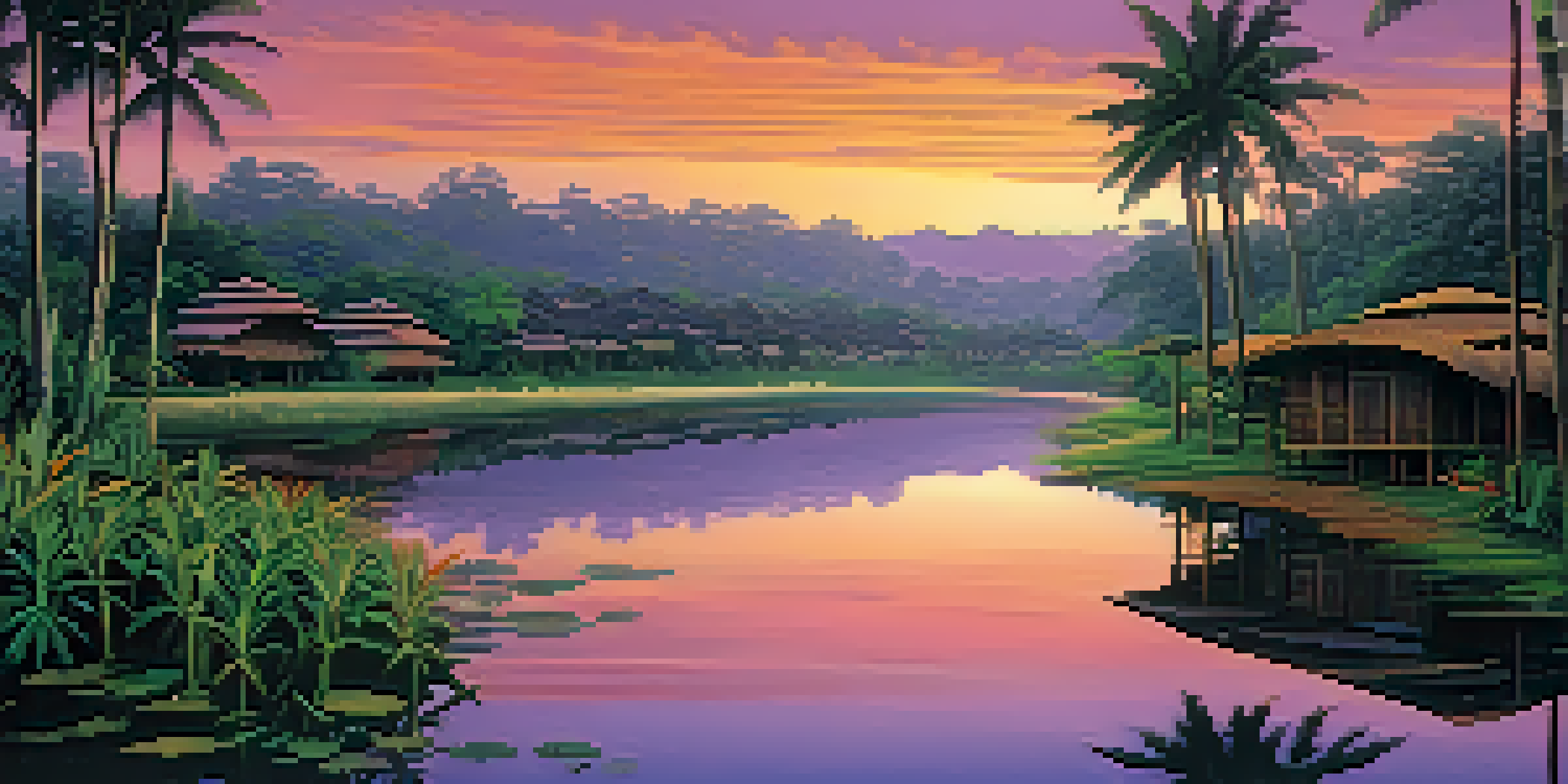 A peaceful Amazonian landscape at sunset with a river, lush greenery, and traditional indigenous huts.