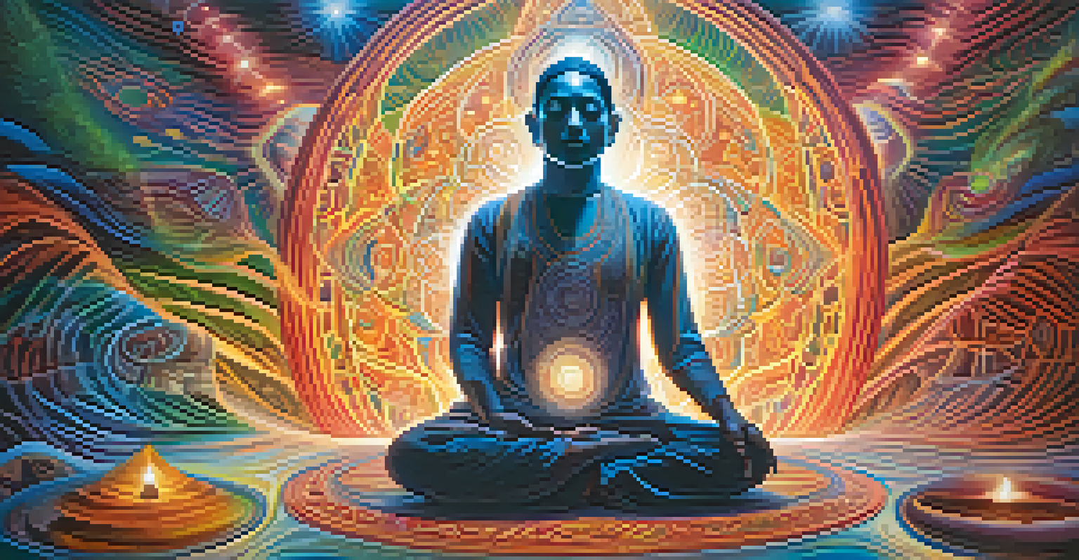 A meditative figure surrounded by swirling colors and abstract shapes that represent spiritual visions during an Ayahuasca ceremony, with glowing light emphasizing transformation.