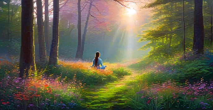A peaceful forest scene at dawn with a person meditating on a misty path, surrounded by trees and wildflowers.